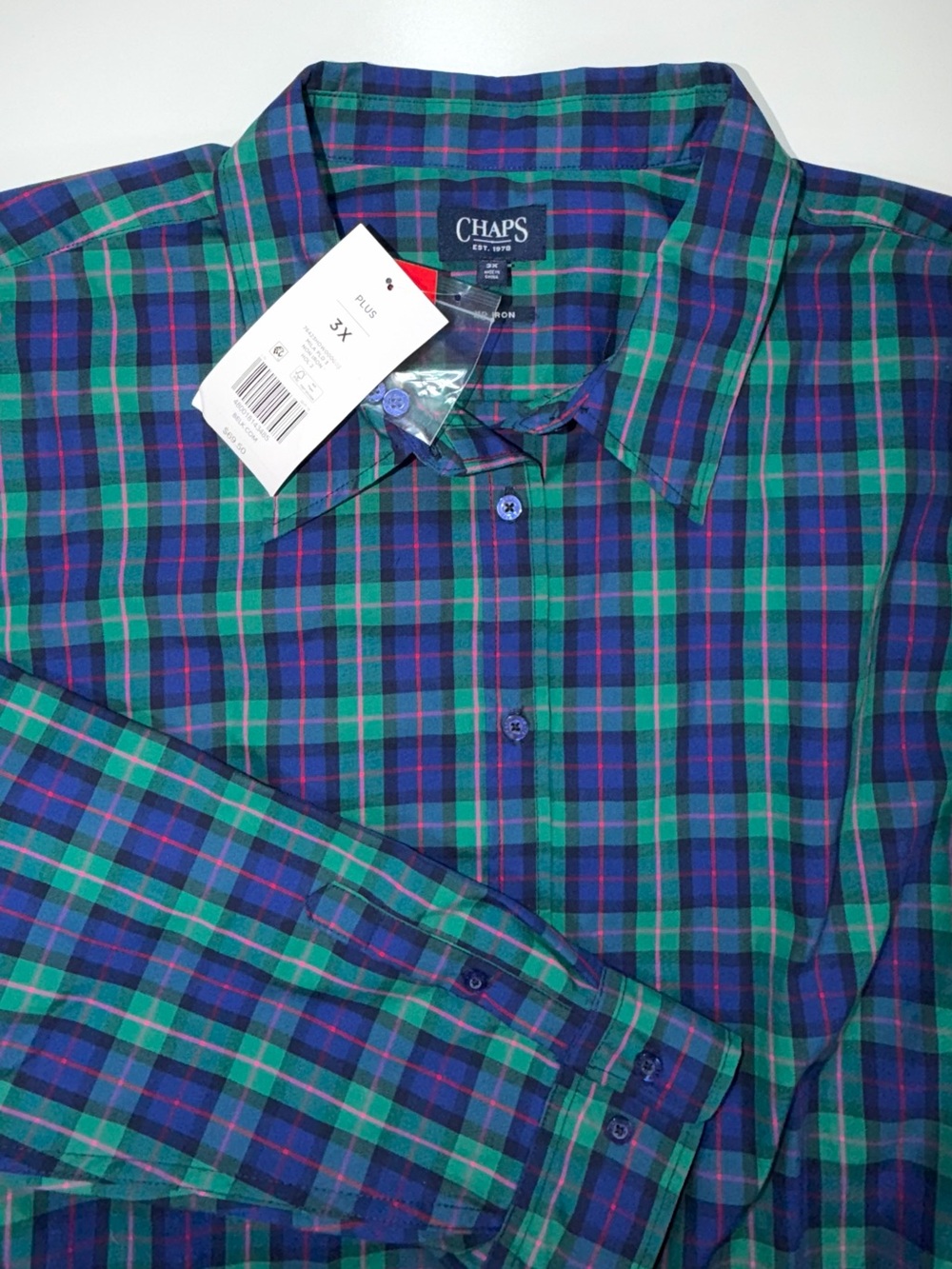 CHAPS No Iron Shirt Blue Green Plaid Long Sleeve Stretch Button Up Womens 3X NWT - Picture 2 of 14